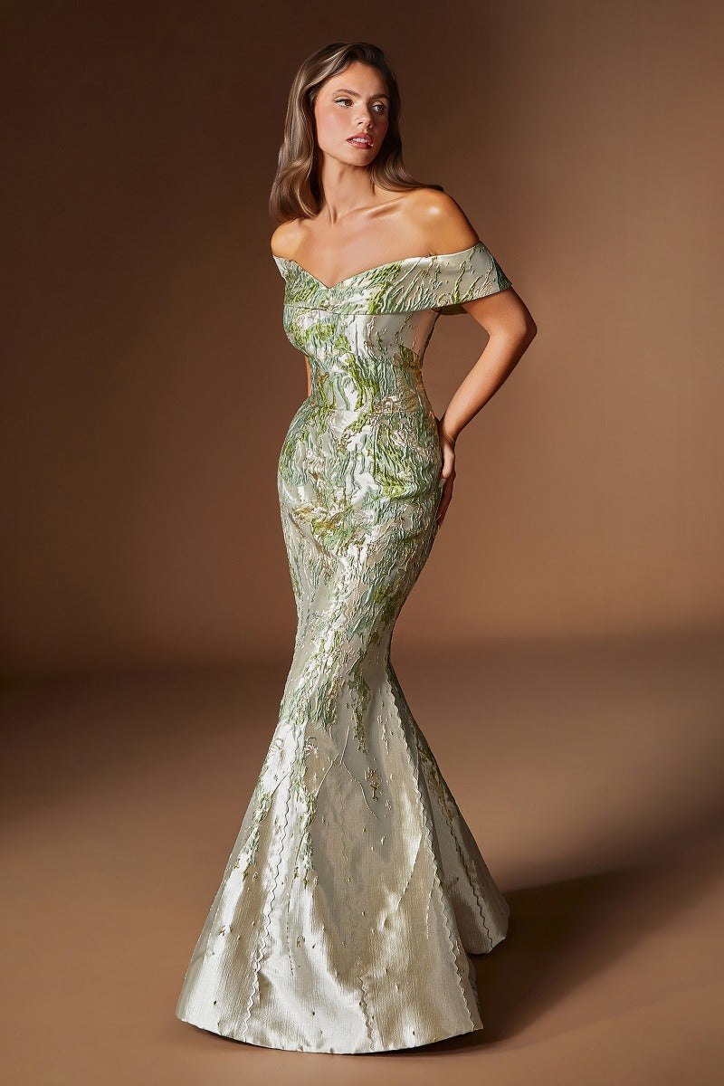 Off-Shoulder Metallic Jacquard Mermaid Gown with Sculpted Bodice and Marbled Pattern-0