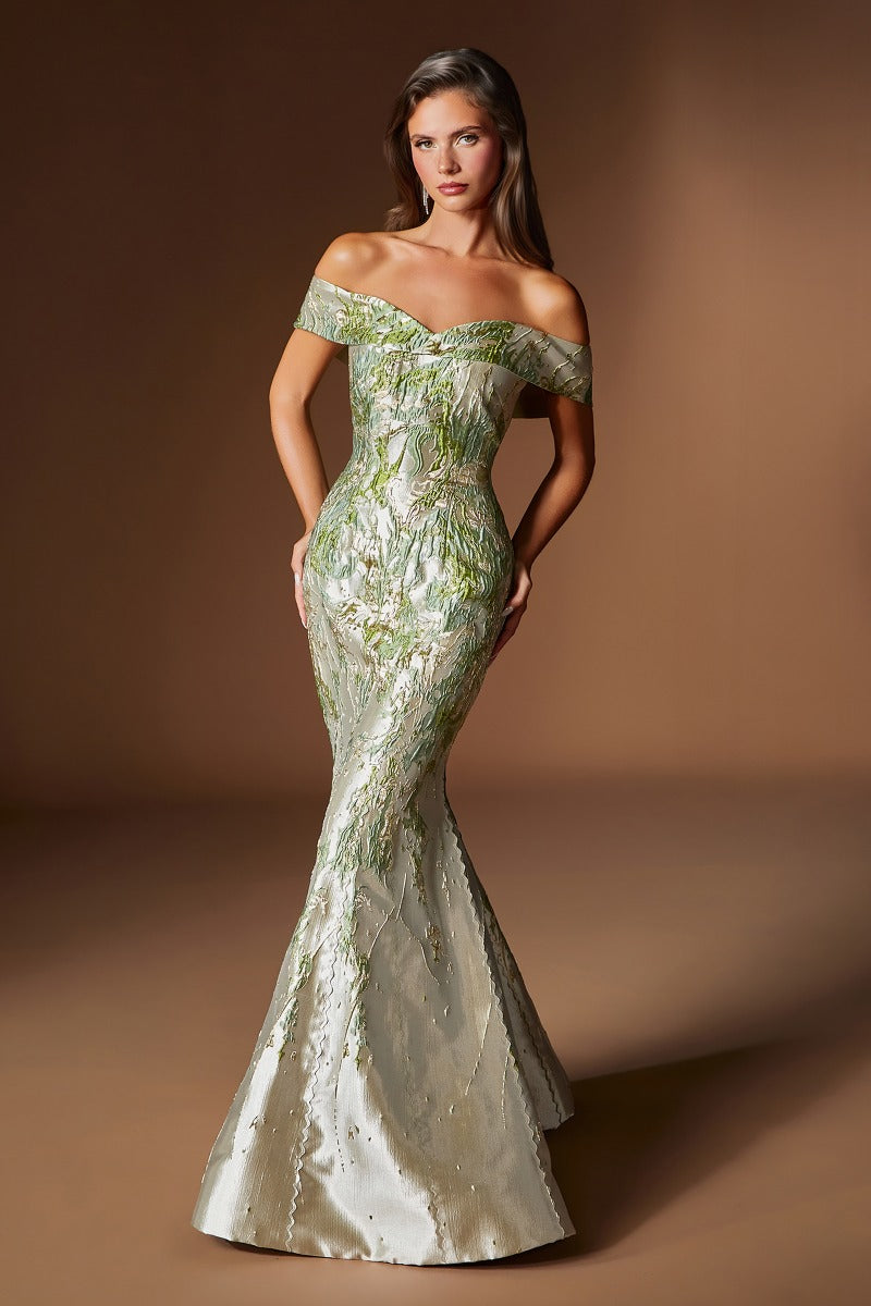 Off-Shoulder Metallic Jacquard Mermaid Gown with Sculpted Bodice and Marbled Pattern-1