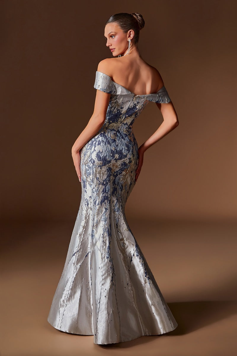 Off-Shoulder Metallic Jacquard Mermaid Gown with Sculpted Bodice and Marbled Pattern-4