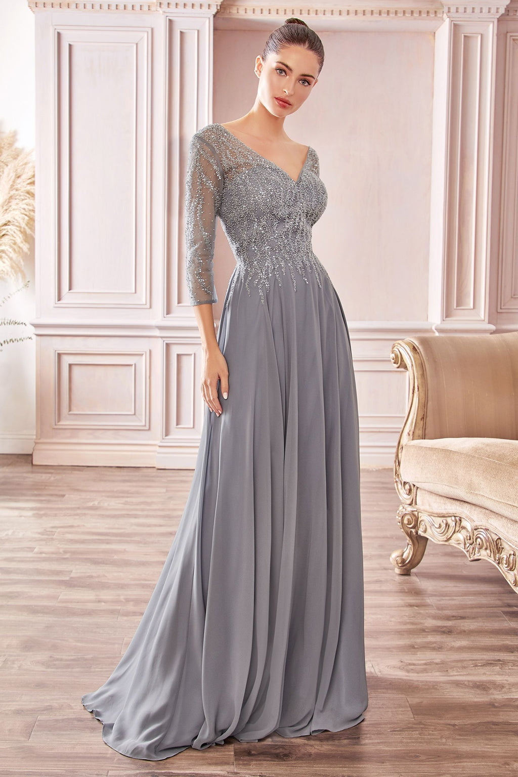 Chiffon A-Line Long Sleeve Gown-5