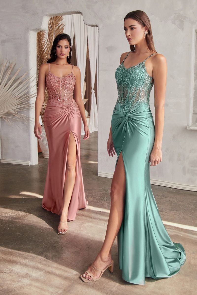 Fitted Satin Gown With Embellished Bodice-6