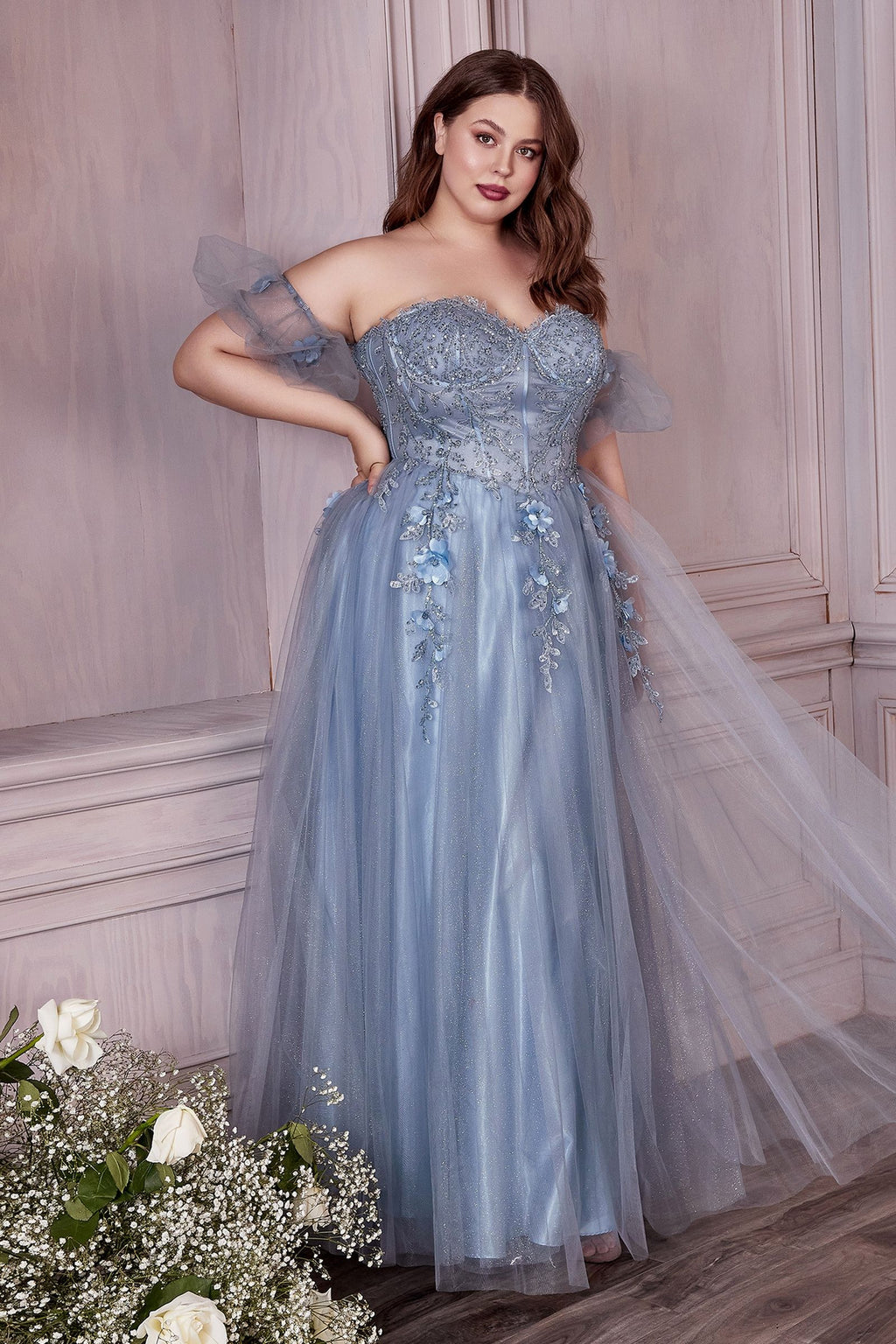 Strapless A-Line Gown And Puff Sleeves-4