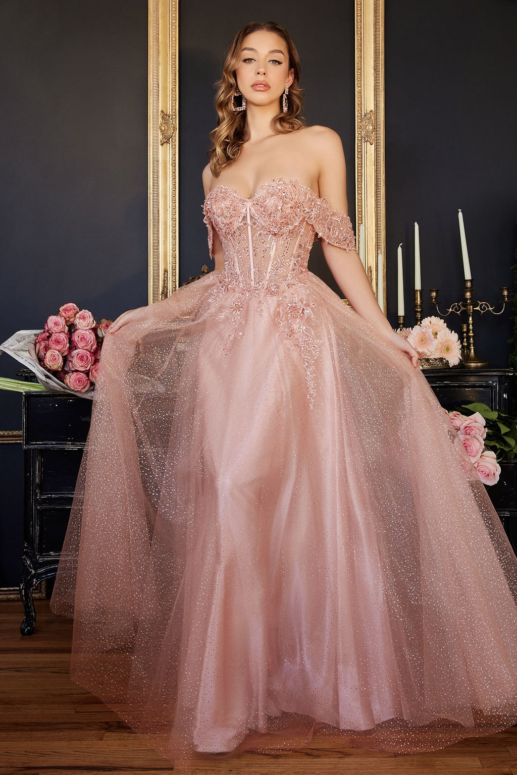 Lace A-Line Gown With Off The Shoulder Sleeves-5