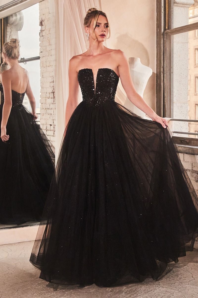 Strapless Sequin & Tulle A-Line Dress-0
