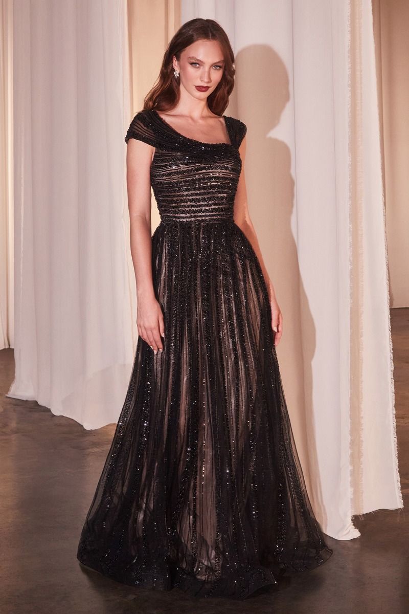 Asymmetrical Off The Shoulder A-Line Beaded Gown-1