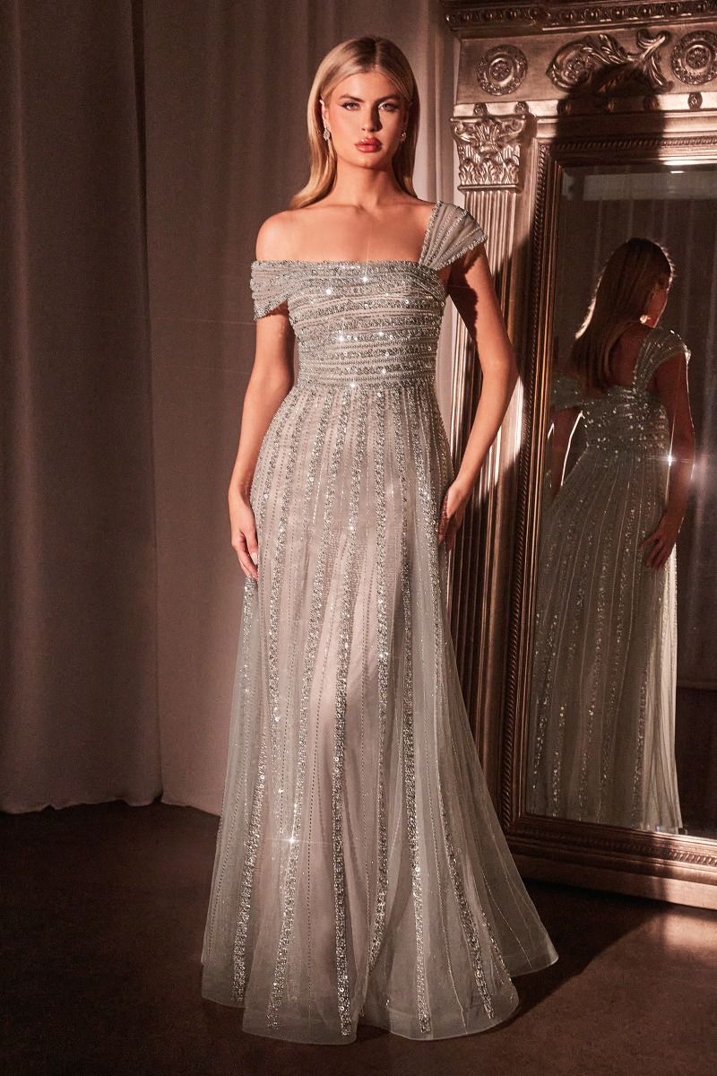 Asymmetrical Off The Shoulder A-Line Beaded Gown-3