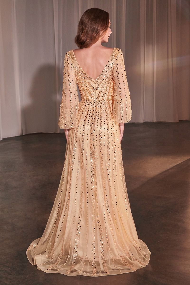 Long Sleeve A-Line Beaded Dress-2