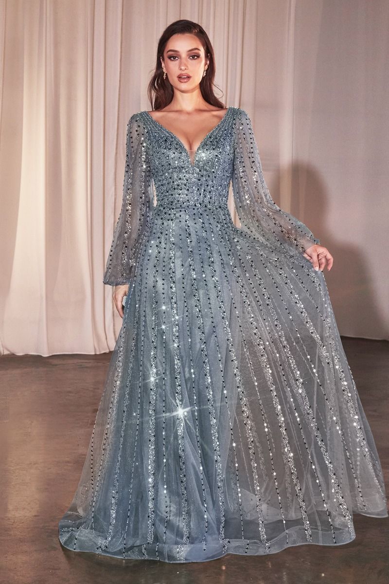 Long Sleeve A-Line Beaded Dress-3