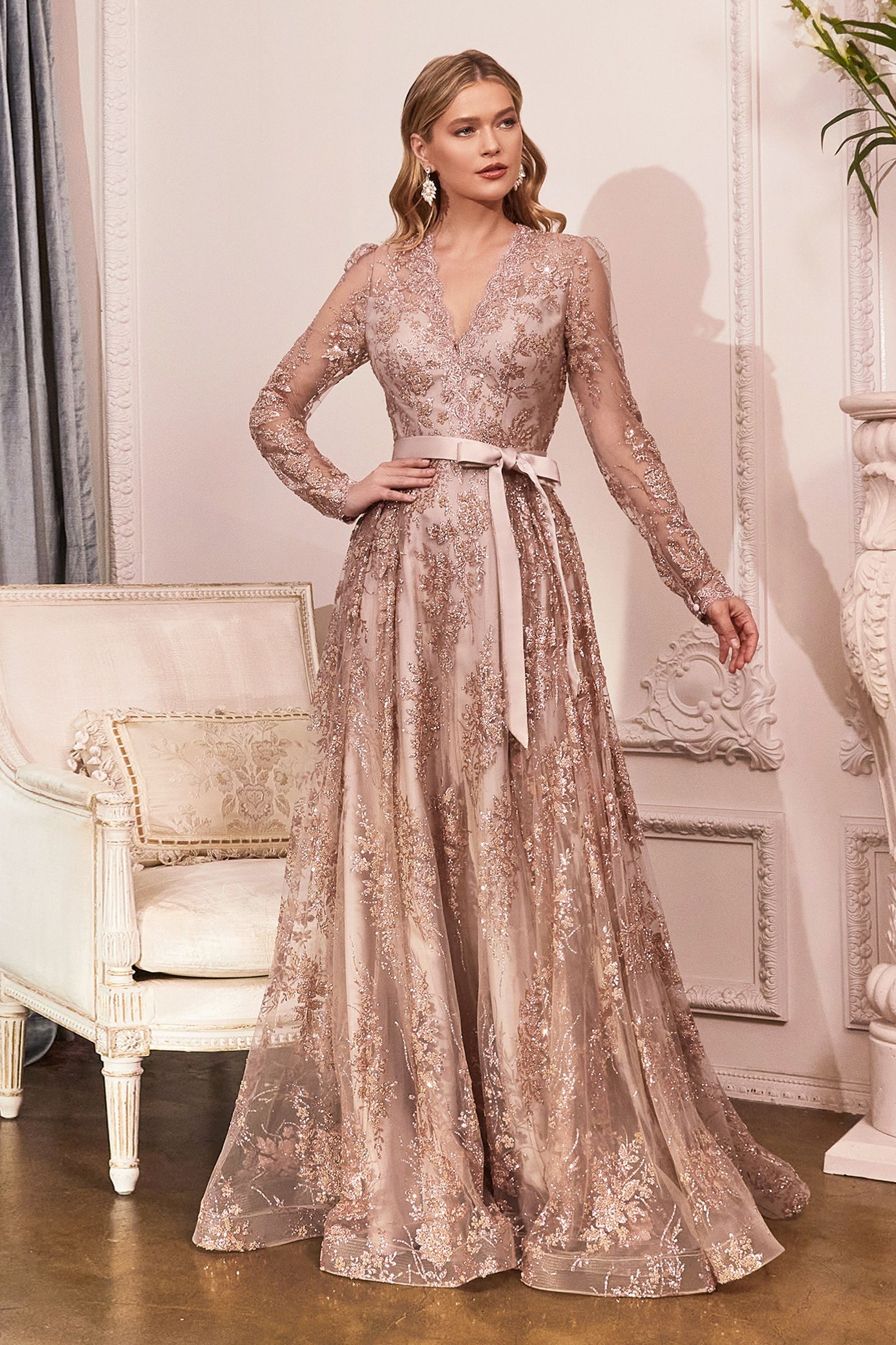Long Sleeve Embellished Ball Gown-0