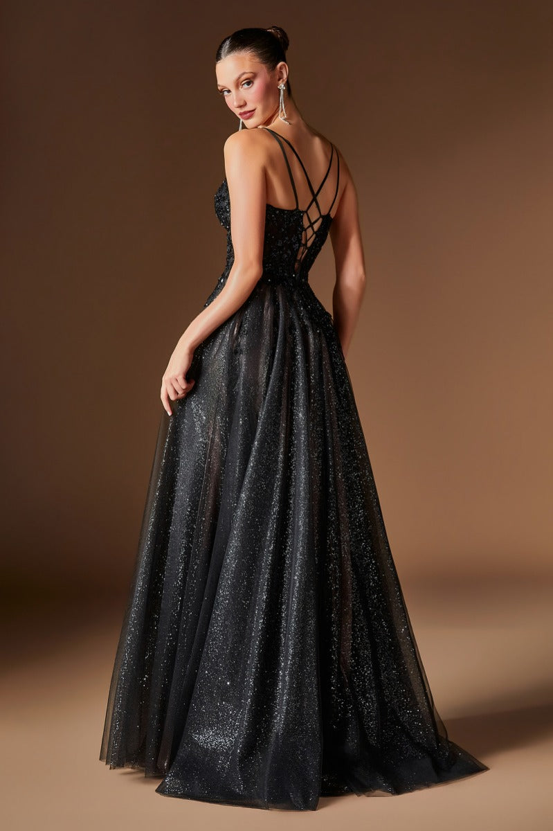 Sparkling Floral Beaded Glitter Tulle A-Line Gown with Thigh-High Slit-1