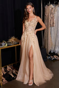 Sparkling Floral Beaded Glitter Tulle A-Line Gown with Thigh-High Slit-3