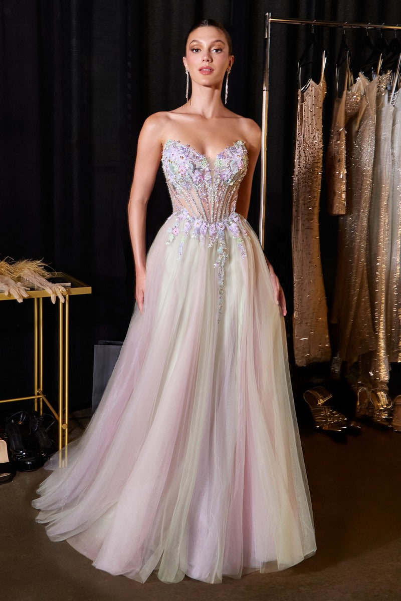 Ethereal A-Line Tulle Gown With Sweetheart Floral Corset & Thigh Slit-0