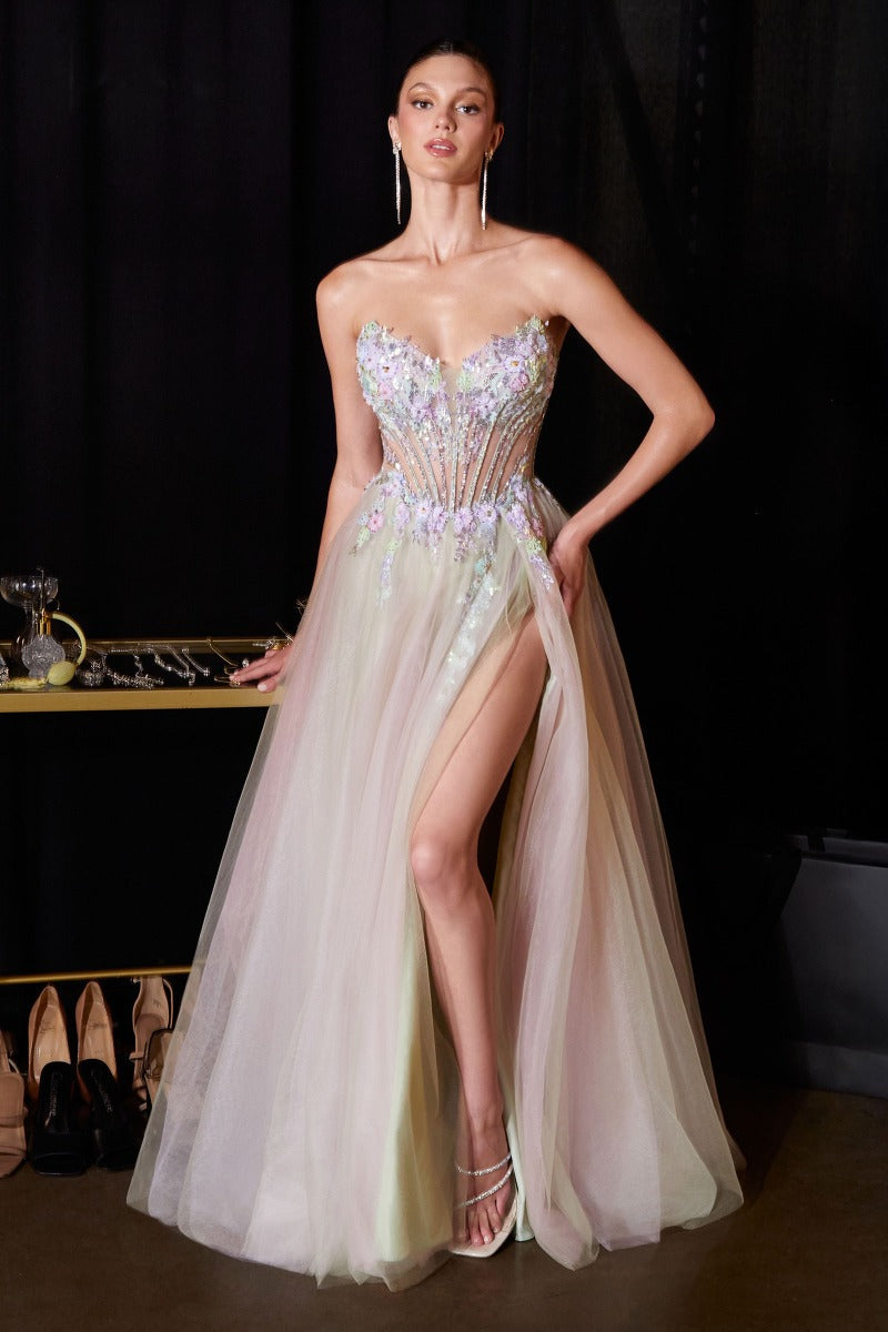 Ethereal A-Line Tulle Gown With Sweetheart Floral Corset & Thigh Slit-2