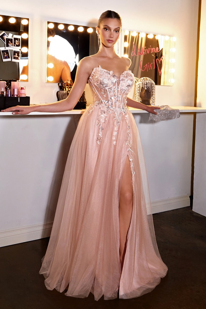 Enchanting 3d Floral A-Line Tulle Gown | Sweetheart Corset Bodice With Slit & Lace-Up Back-2