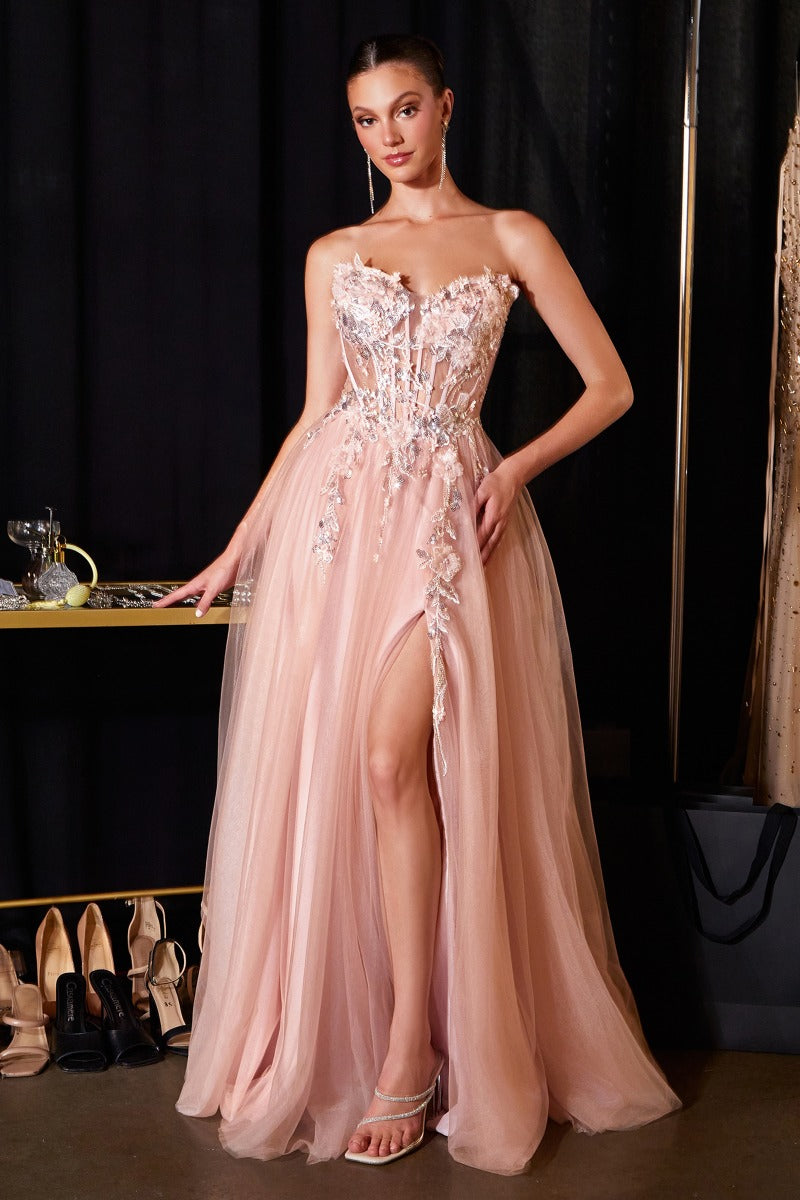 Enchanting 3d Floral A-Line Tulle Gown | Sweetheart Corset Bodice With Slit & Lace-Up Back-4
