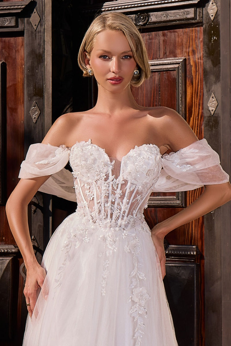 Romantic Floral Tulle Off-Shoulder Ball Gown Wedding Dress | Sweetheart Neckline & Corset Back-1