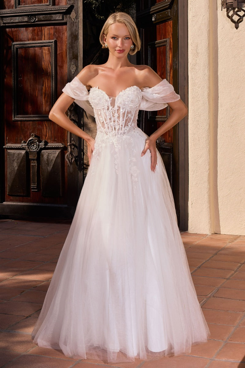 Romantic Floral Tulle Off-Shoulder Ball Gown Wedding Dress | Sweetheart Neckline & Corset Back-0
