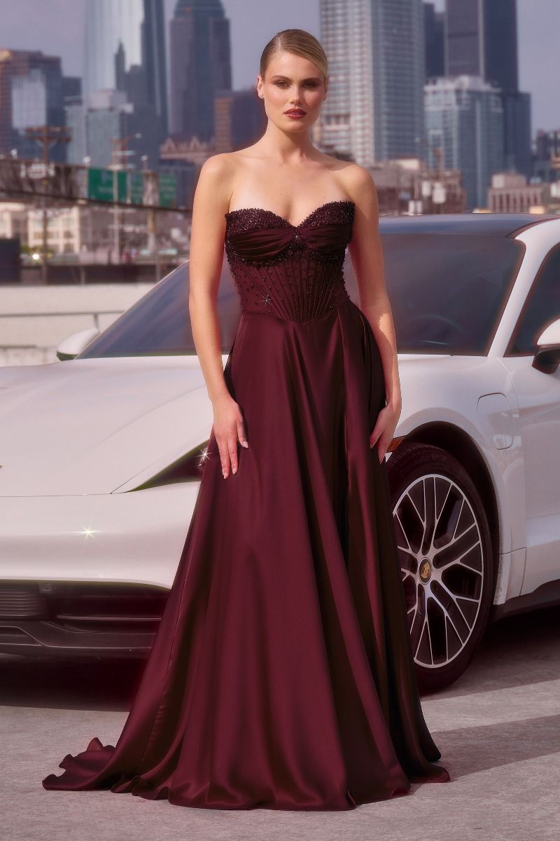 Strapless Beaded Satin A-Line Dress-5