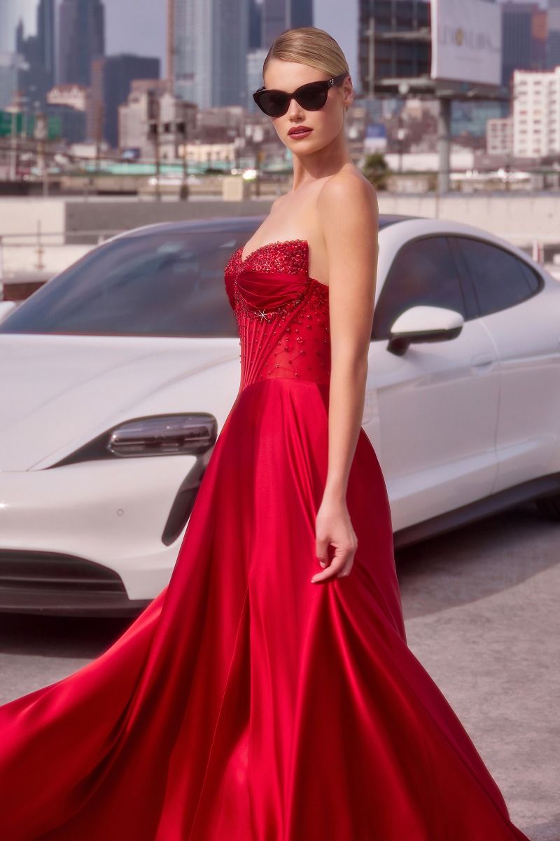 Strapless Beaded Satin A-Line Dress-9