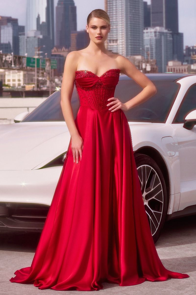 Strapless Beaded Satin A-Line Dress-10