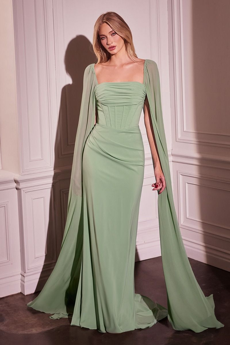 Chiffon Fitted Dress With Long Cape Sleeves-2
