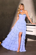 Strapless Chiffon Corset Gown with Tiered High-Low Hem-0