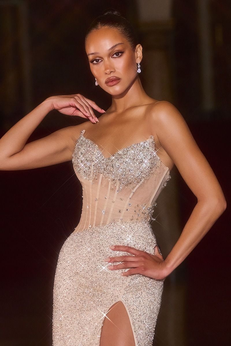 Fitted Dress Sweetheart Neckline Sheer Beaded Corset Crystal Embellishment Slit-2