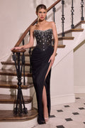 Strapless Sheer Corset Gown with Beaded Bodice and High Slit-0