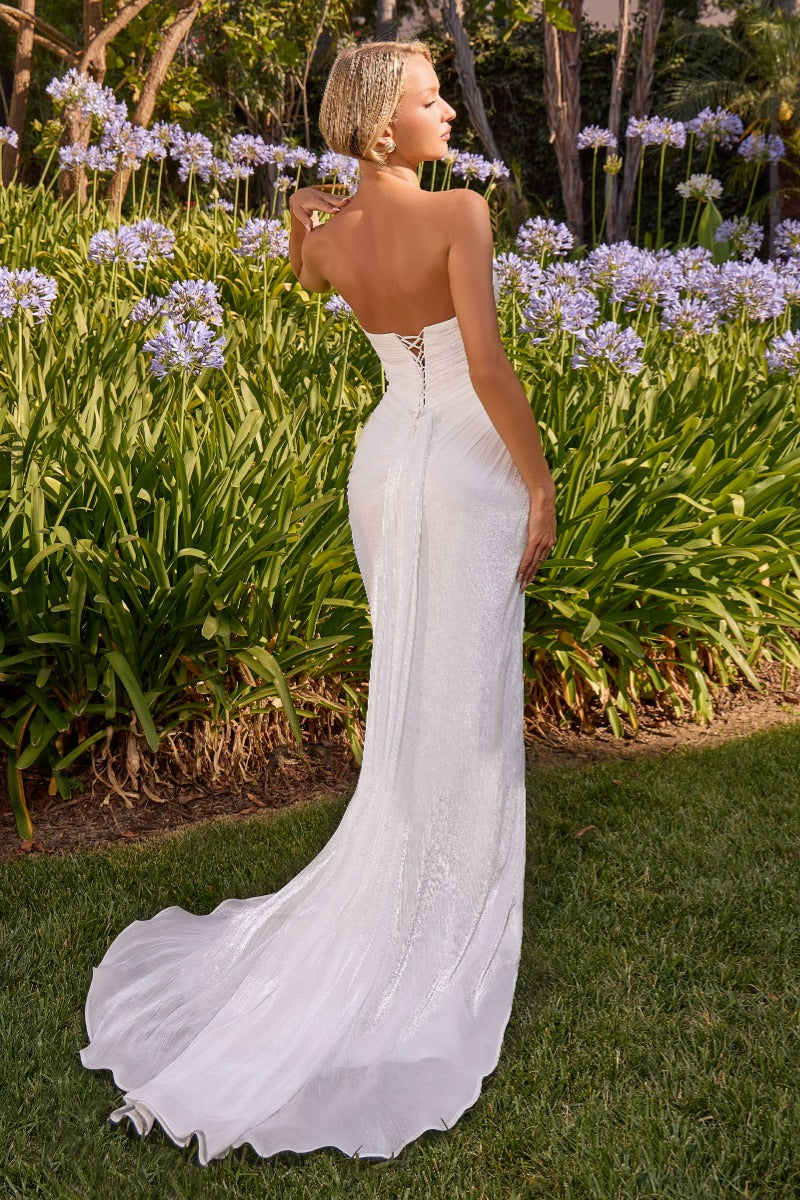 Elegant Shimmer Chiffon Wedding Dress - Draped Sweetheart, Thigh Slit & Detachable Scarf-1