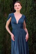 A-Line Dress In Shimmering Pleated Chiffon, Soft Draped Bodice With Deep V-Neck-0
