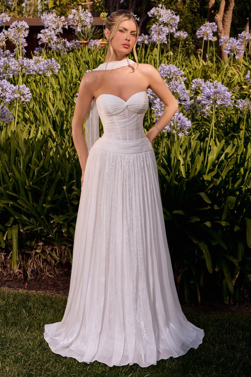 Elegant Shimmering A-Line Gown With Detachable Neck Scarf & Ruched Sweetheart Bodice-0