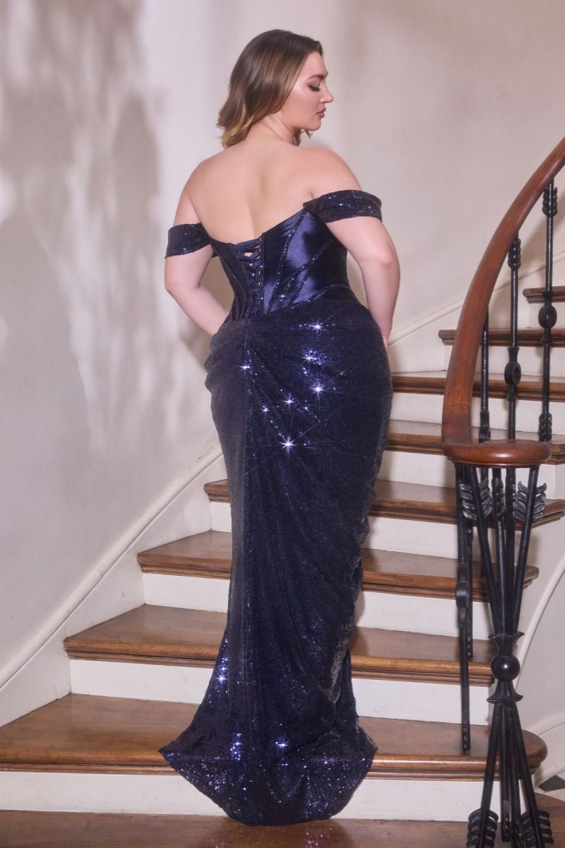 Off-The-Shoulder Fitted Dress Satin Corset Bodice Sequin Draped Skirt Lace-Up Back-1