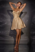 Elegant Fit-And-Flare Satin Mini Dress With Cowl Neck & Corset Lace-Up Back-1