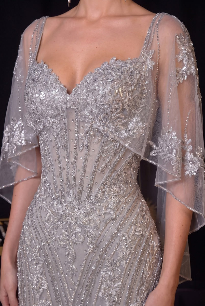 Fitted Metallic Lace Dress With Cape-1