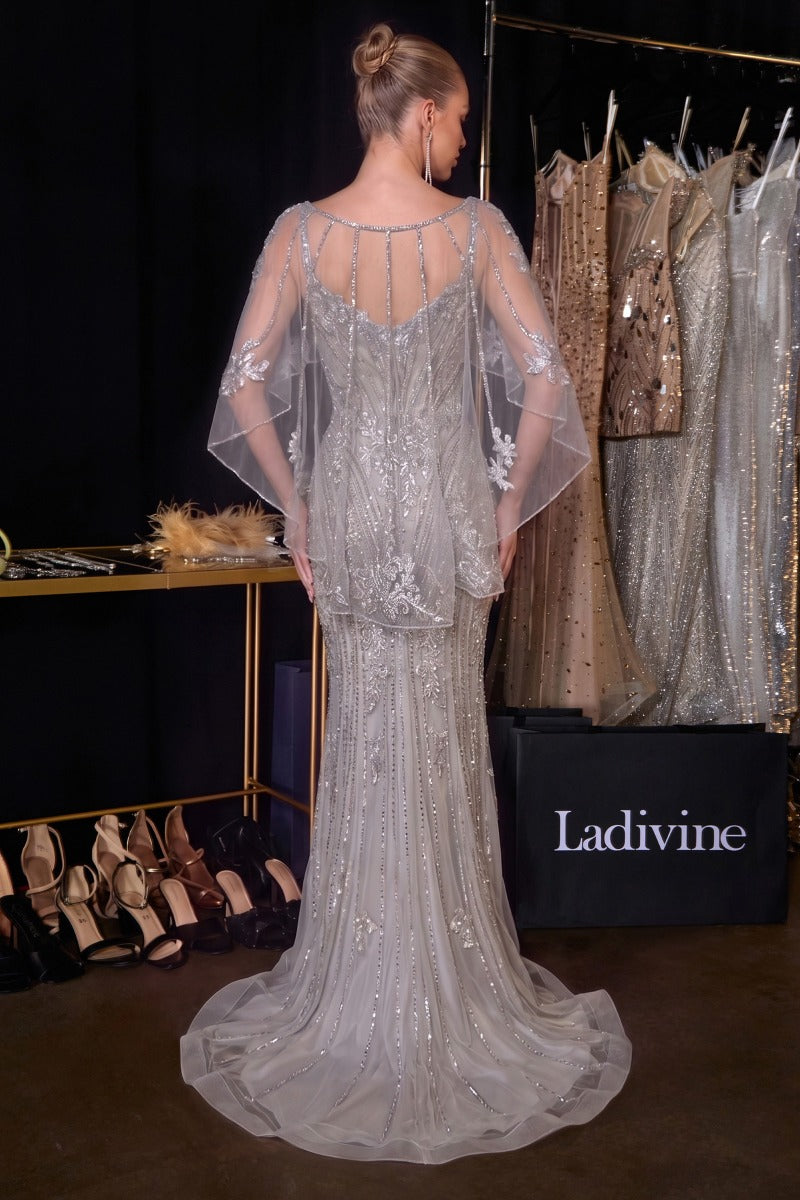 Fitted Metallic Lace Dress With Cape-3