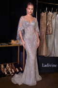 Fitted Metallic Lace Dress With Cape-0