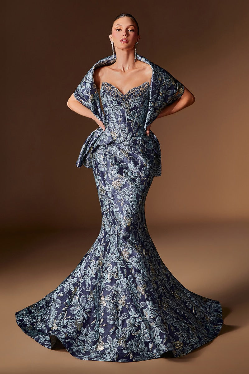 Elegant Floral Jacquard Mermaid Gown Sweetheart Corset & Matching Shawl-0
