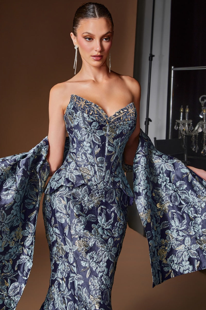 Elegant Floral Jacquard Mermaid Gown Sweetheart Corset & Matching Shawl-1
