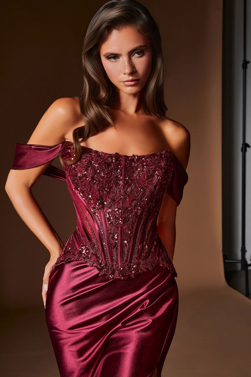 Off The Shoulder Satin & Lace Fitted Dress-2