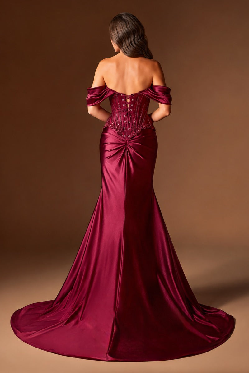 Off The Shoulder Satin & Lace Fitted Dress-1