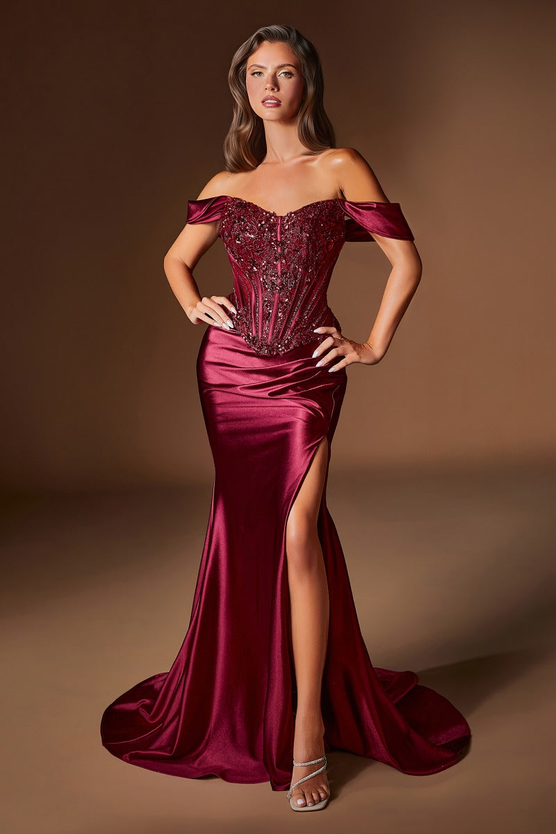 Off The Shoulder Satin & Lace Fitted Dress-0