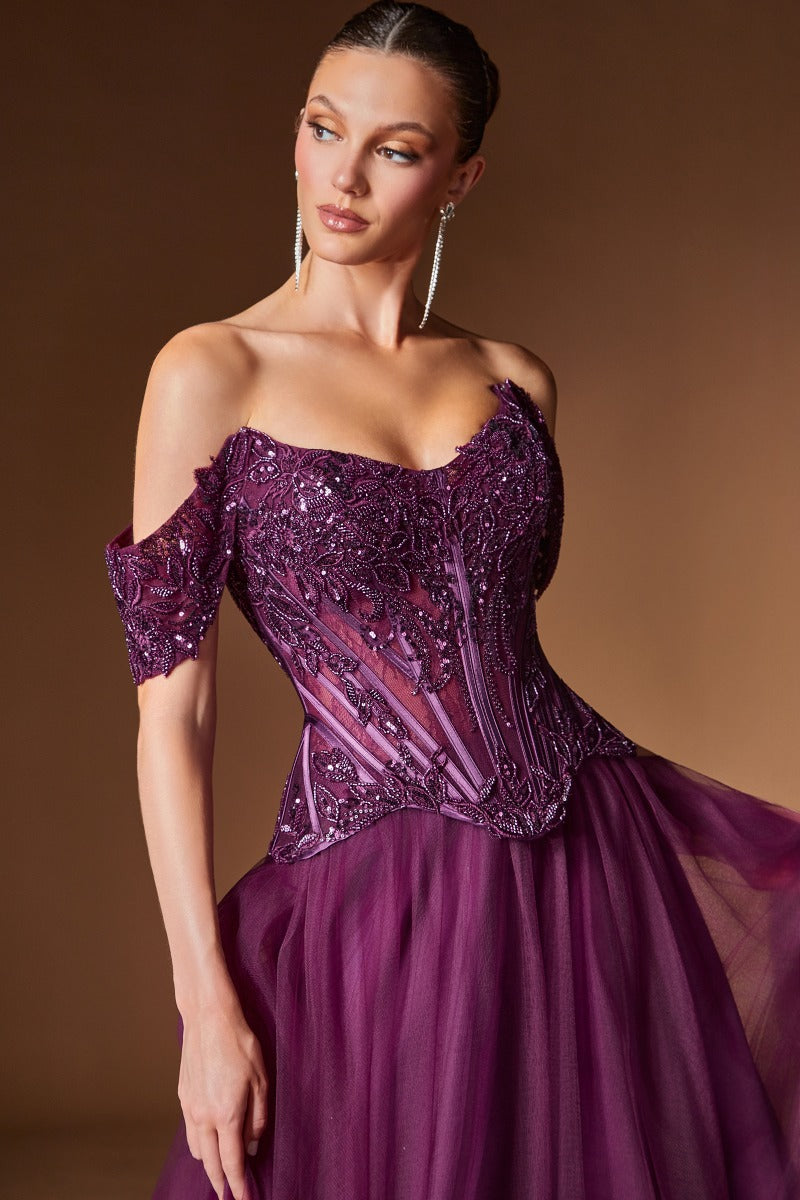 Off The Shoulder Layered Tulle Ball Gown-1
