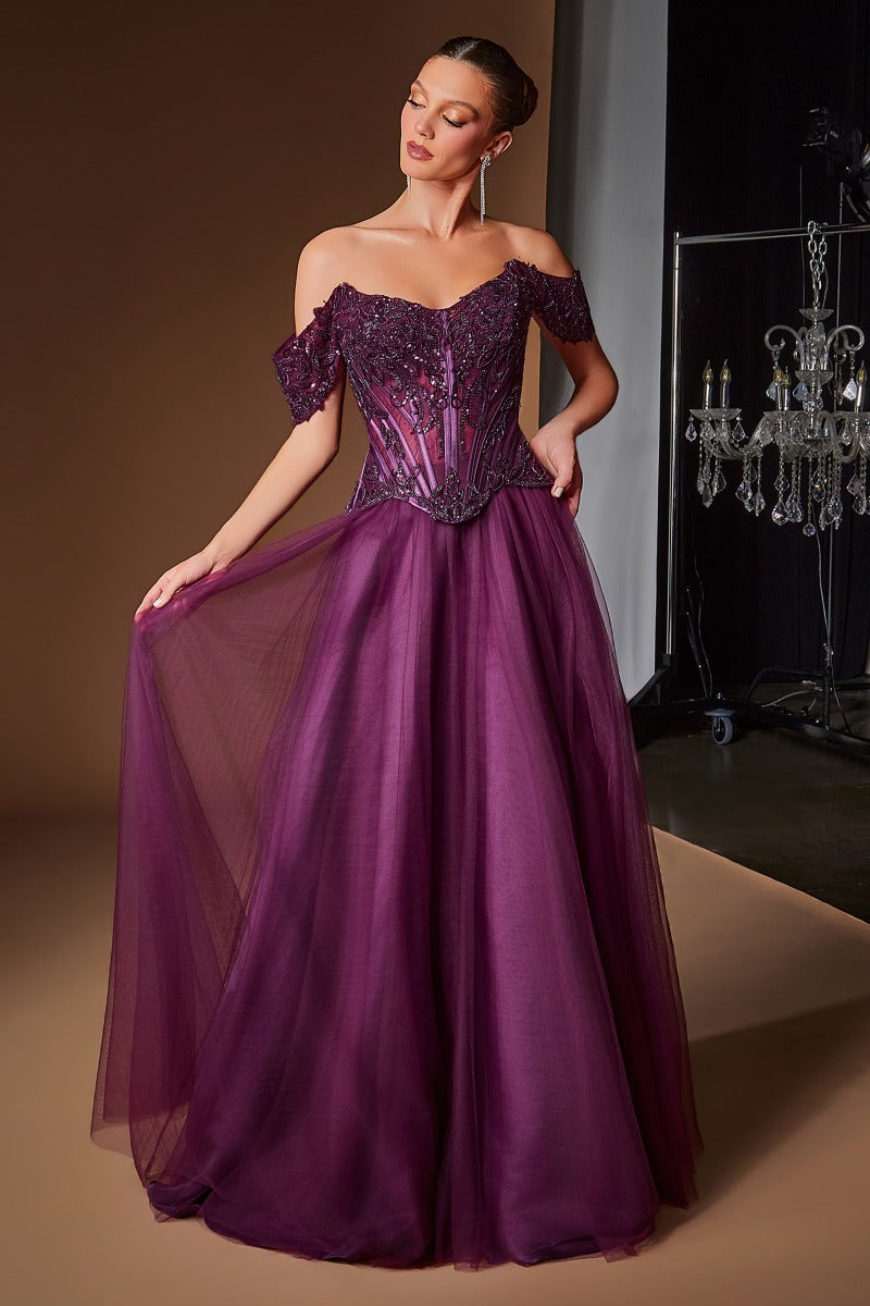 Off The Shoulder Layered Tulle Ball Gown-0