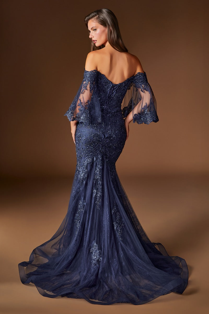 Fitted Lace Mermaid Gown With Bell Sleeves-2
