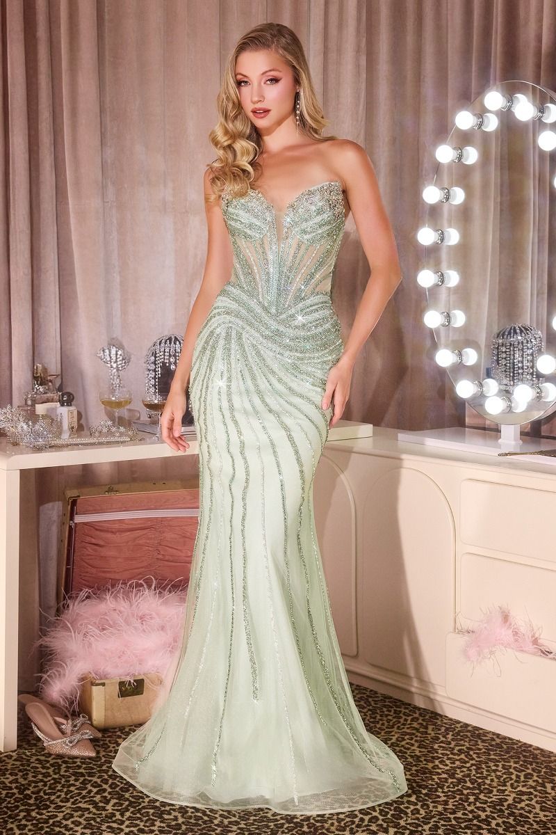 Fitted Dress Sweetheart Neckline Crystal Beaded Sheer Corset Bodice Sculpted Silhouette-3