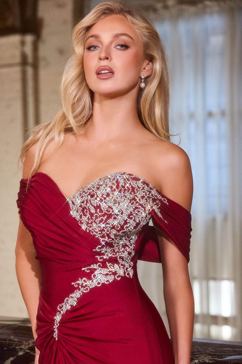 Fitted Dress Off-The-Shoulder Crystal Embellished Ruched Bodice Stretch Satin Train-2
