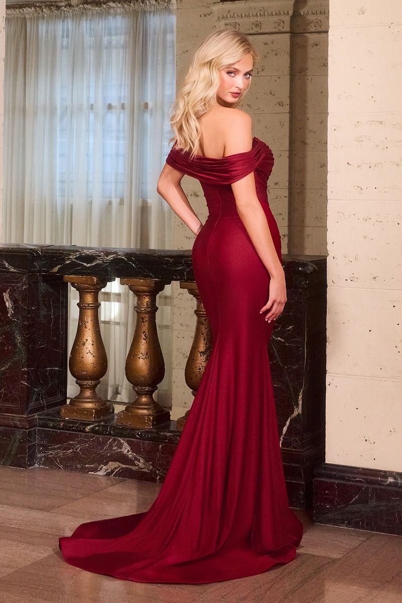 Fitted Dress Off-The-Shoulder Crystal Embellished Ruched Bodice Stretch Satin Train-1