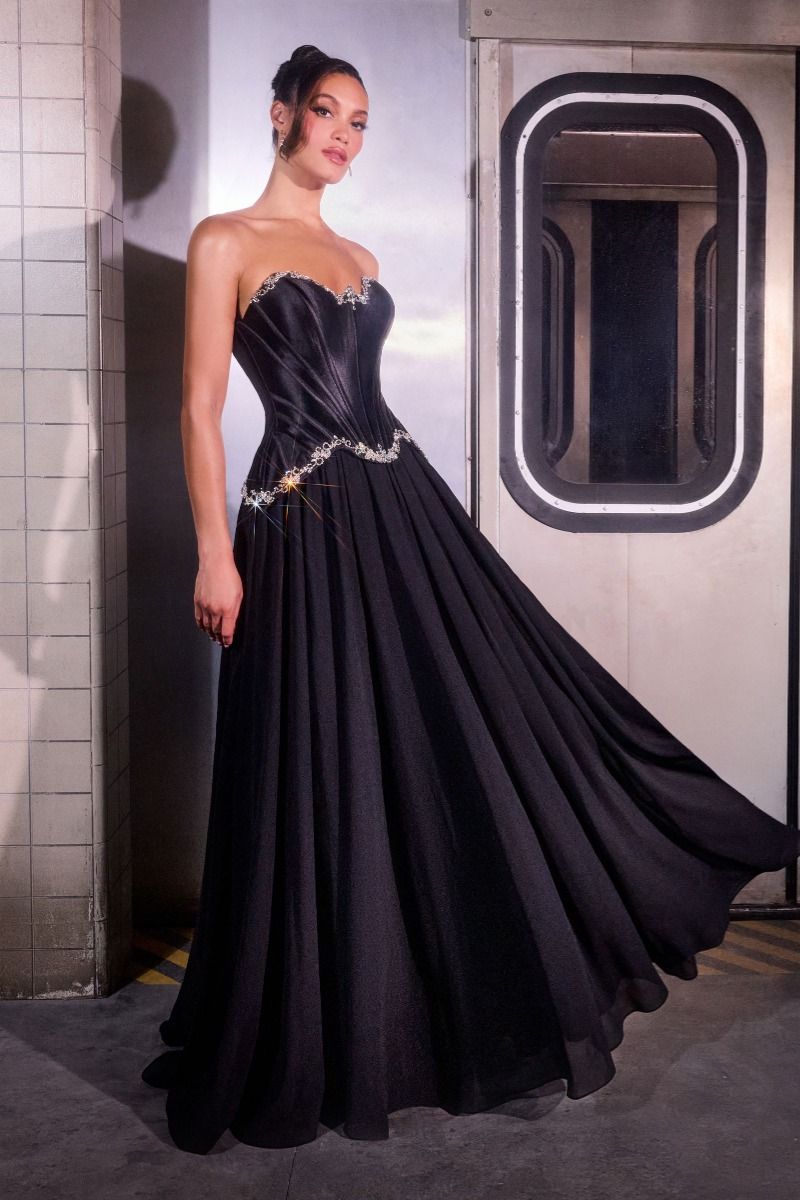 Ball Gown Strapless Satin Corset Crystal Embellished Bodice Chiffon Skirt-0