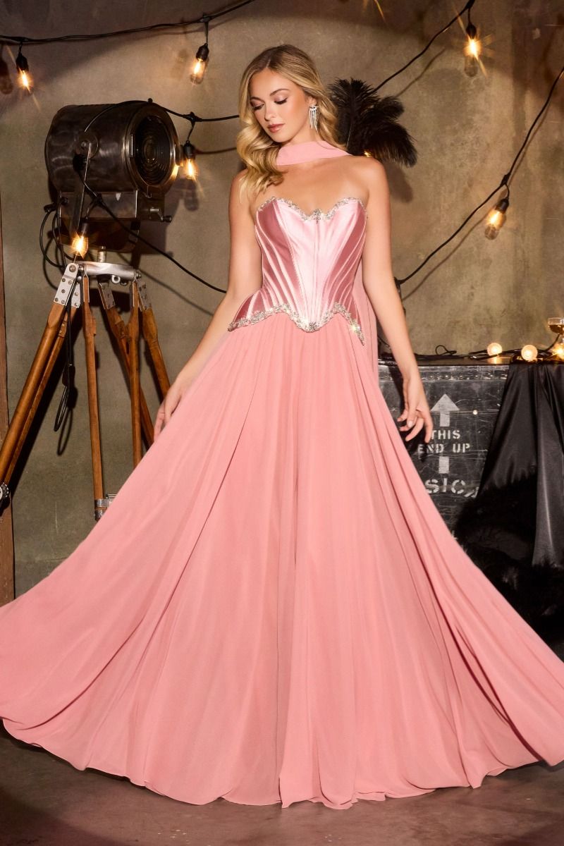 Ball Gown Strapless Satin Corset Crystal Embellished Bodice Chiffon Skirt-7