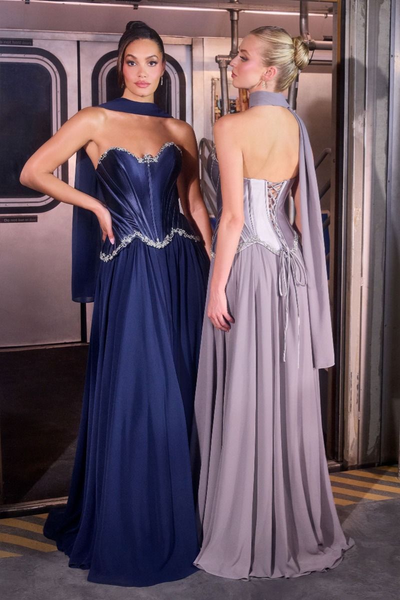 Ball Gown Strapless Satin Corset Crystal Embellished Bodice Chiffon Skirt-5